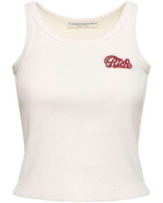 Alessandra Rich White Ribbed Jersey Sleeveless Top W/ Patch