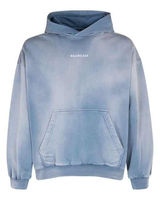 Balenciaga Blue Embroidered Cotton Jersey Hoodie for men