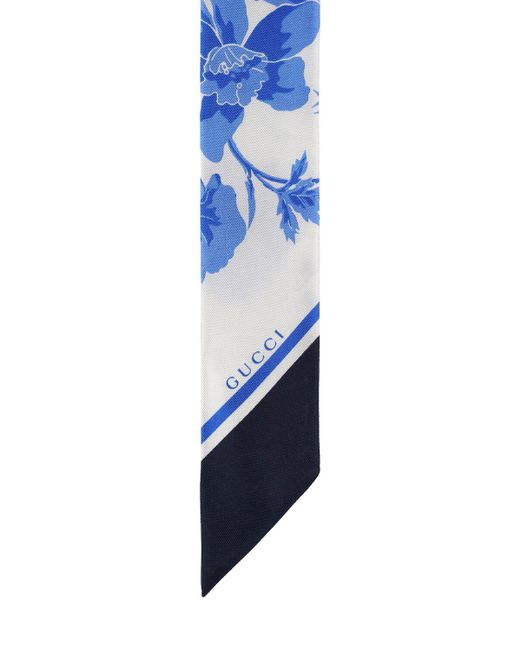 Gucci Blue Floral Print Silk Neck Bow