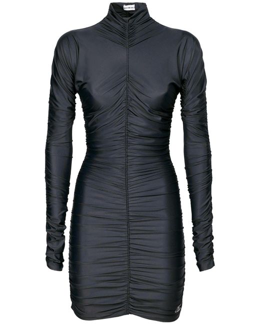 Balenciaga Synthetic Draped Spandex Turtleneck Mini Dress in Black | Lyst