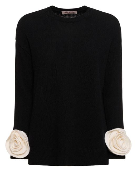 Valentino Black Wool Knit Sweater W/ Collar And Roses
