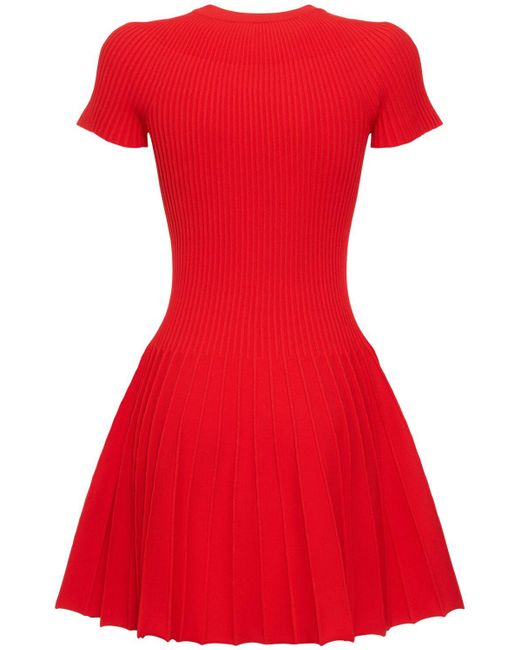 Balmain Red Pleated Knit Short Sleeve Mini Dress