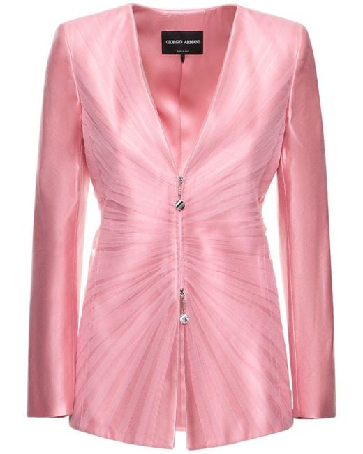 Giorgio Armani Pink V-Neck Silk Zip Blazer