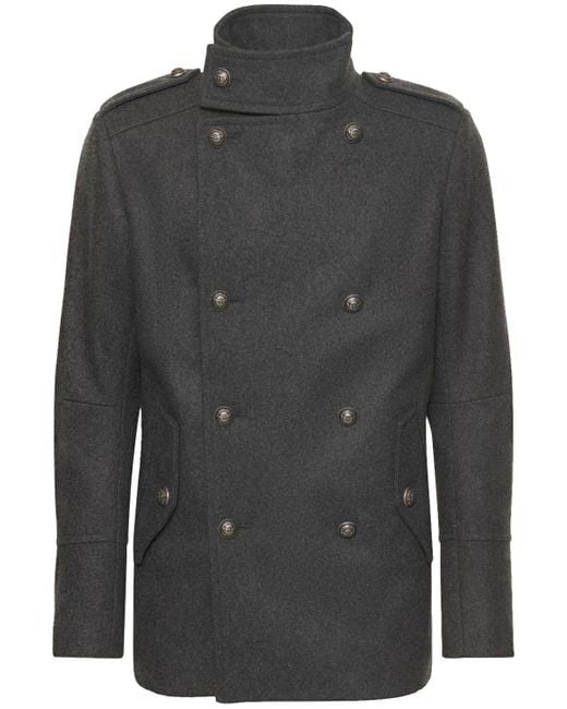 Balmain Officer Wool Blend Pea Coat in Grey (Grey) for Men Lyst Australia