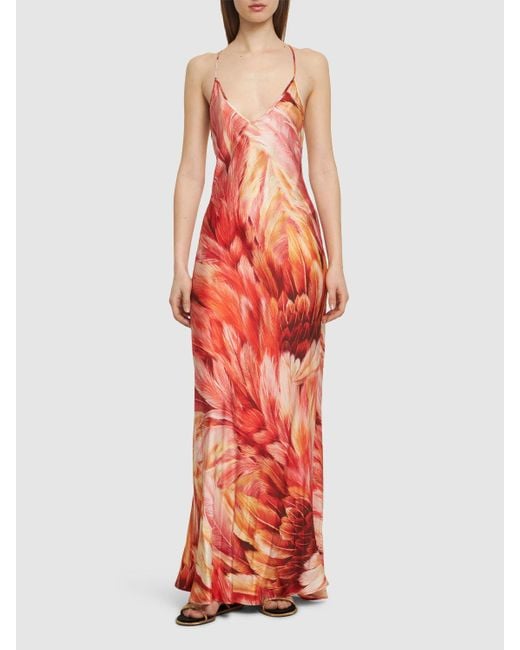 Roberto Cavalli Red Printed Silk Twill Long Dress