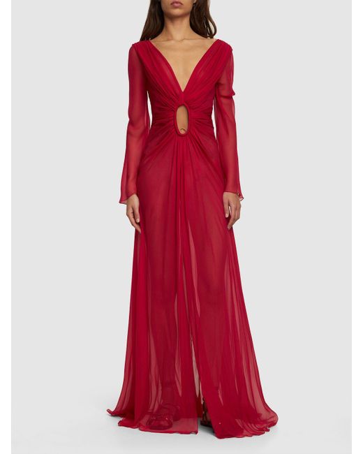 Alberta Ferretti Red Draped Silk Chiffon Cutout Long Dress