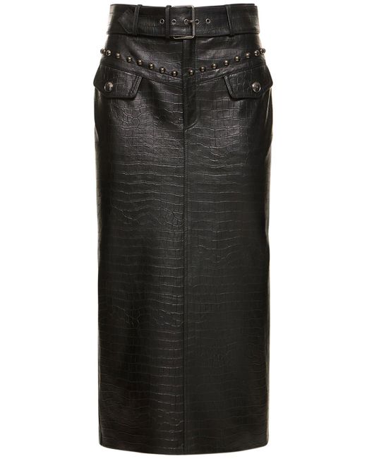 Alessandra Rich Black Croco Print Leather Midi Skirt W/ Studs