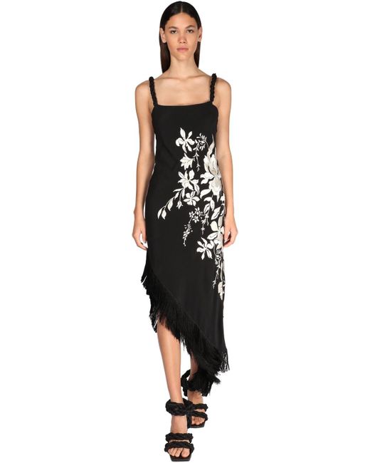 Johanna Ortiz Black Focus & Flower Asymmetric Fringe Midi Dress