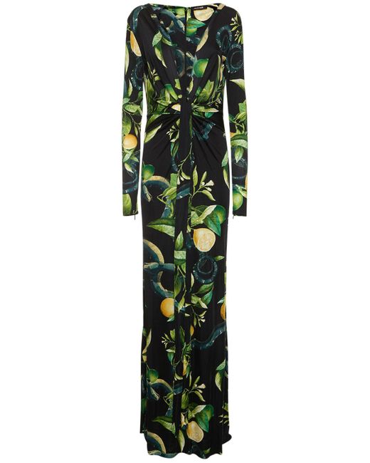 Roberto Cavalli Green Printed Viscose Jersey Draped Maxi Dress