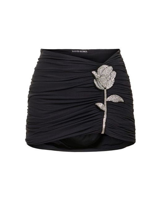 David Koma Black Ruched Mini Skirt W/ Rose