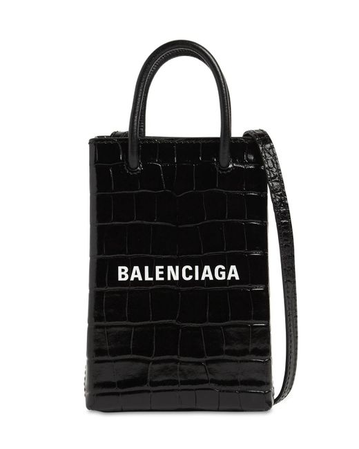 Balenciaga Black Shopping Embossed Leather Phone Holder