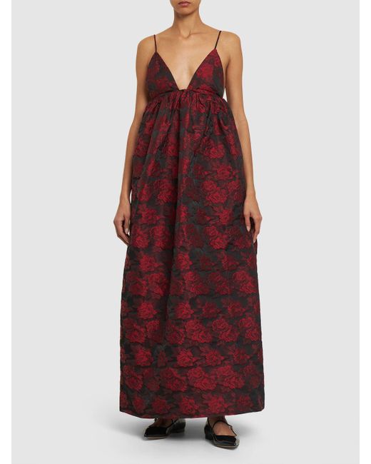 Ganni Red Langes Kleid Aus Jacquard Mit Blumenmuster