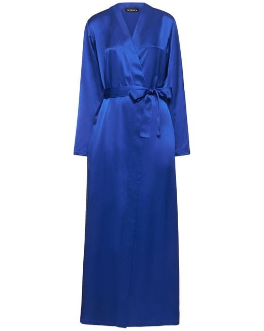 La Perla Long Satin Silk Robe in Blue Lyst