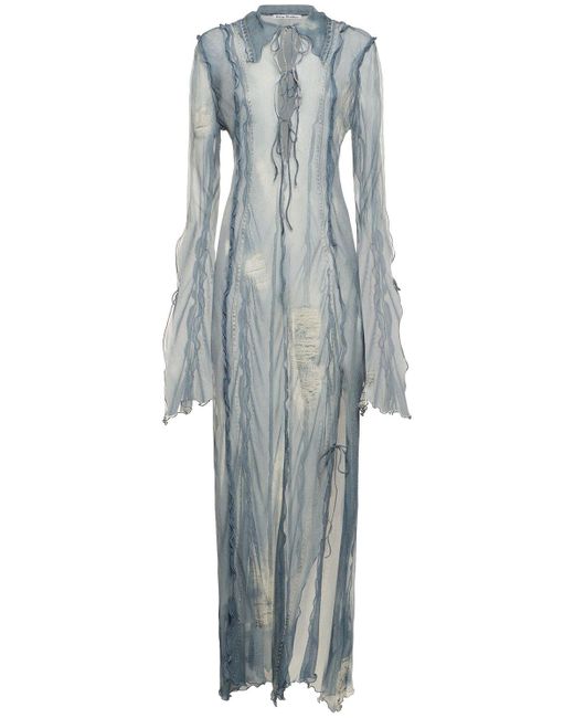 Acne Blue Printed Satin Denim Effect Long Dress