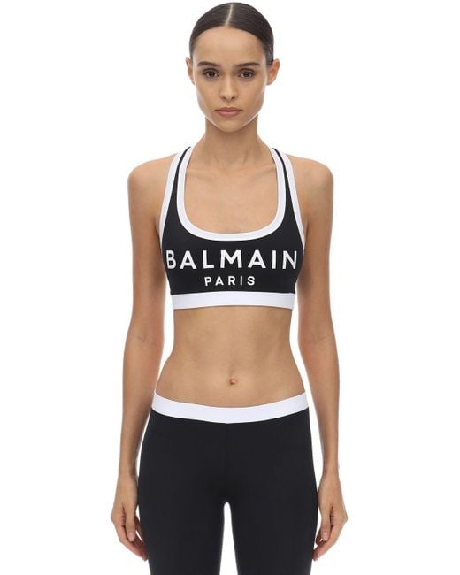Balmain Black Logo Stretch Jersey Sports Bra Top
