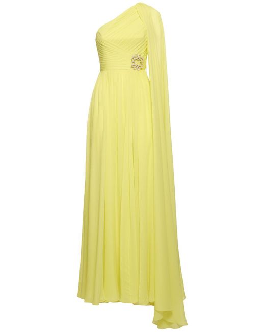 Elie Saab Yellow Embellished Silk One Shoulder Long Dress