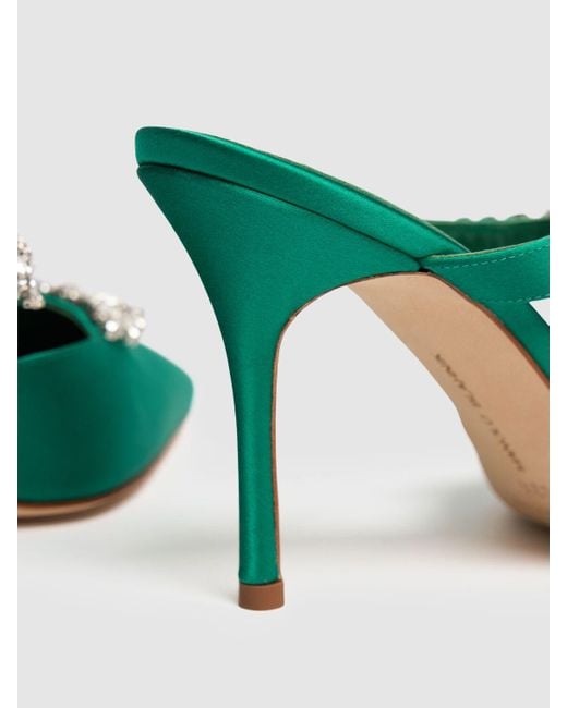 Manolo Blahnik Green Lurum Crystal-Embellished Satin Mules