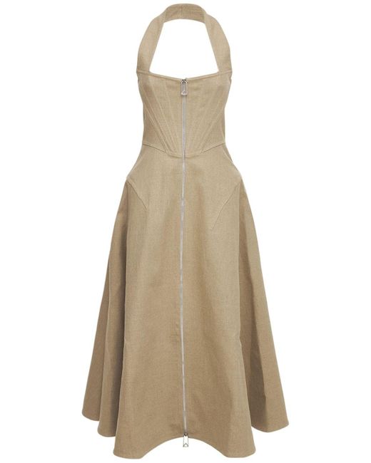 Bottega Veneta Natural Stretch Linen Canvas Midi Halter Dress