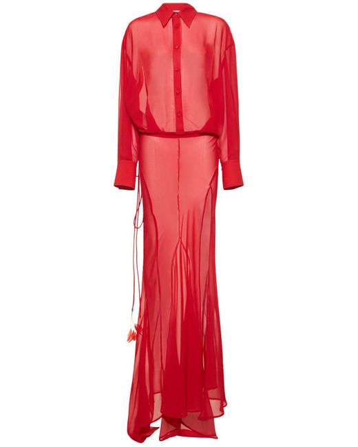 The Attico Red Georgette Long Sleeve Maxi Shirt Dress