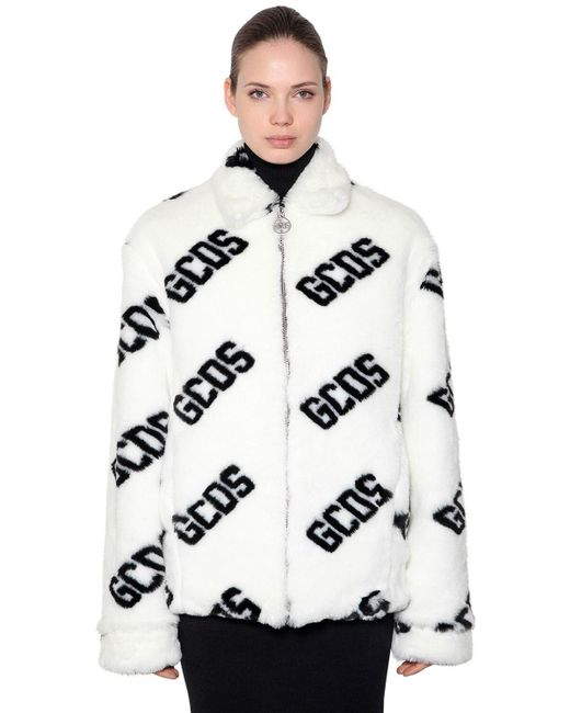 Gcds White Faux Fur Jacket With All Over Logo