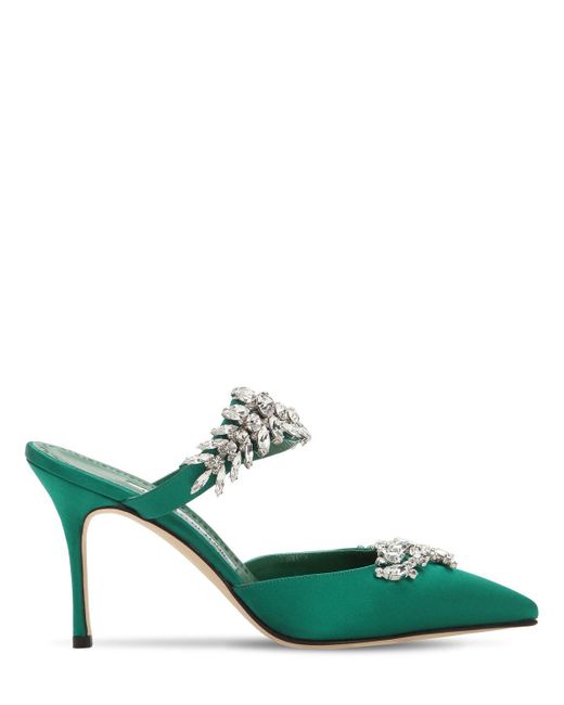 Manolo Blahnik Green Lurum Crystal-embellished Satin Mules