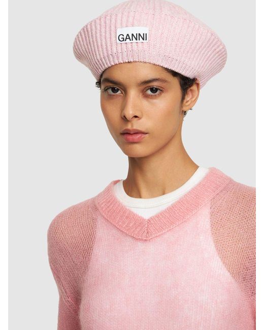 Ganni Pink Structured Wool Blend Beret