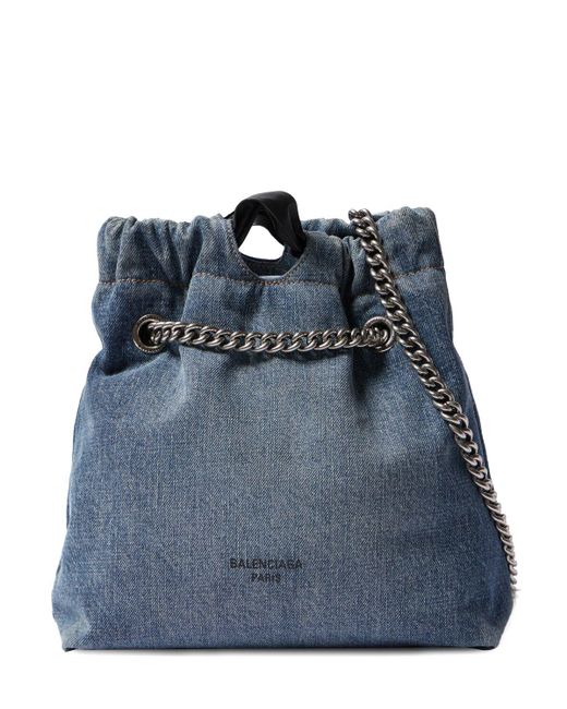 Petit sac cabas en denim crush Balenciaga en coloris Blue