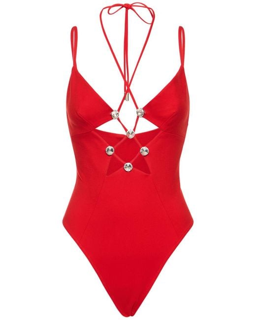 Area Red Embellished Star Cutout Bodysuit