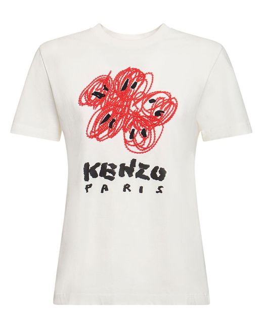 KENZO White Drawn Logo Printed Cotton T-Shirt