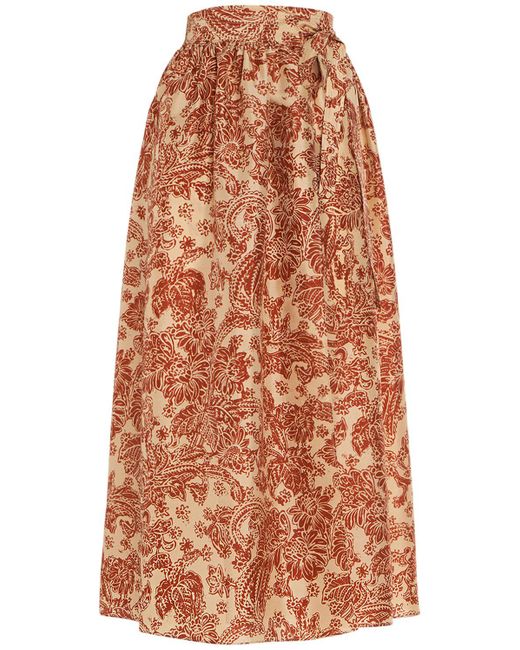 Loro Piana Orange Leah Printed Silk Flared Midi Skirt