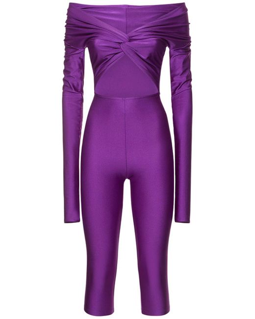ANDAMANE Purple Bedruckter Langarm-jumpsuit Aus Lycra "kendall"