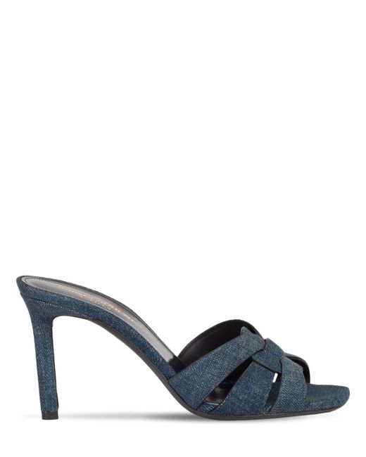 Saint Laurent Cotton 85mm Tribute Mule Sandals in Navy (Blue) | Lyst