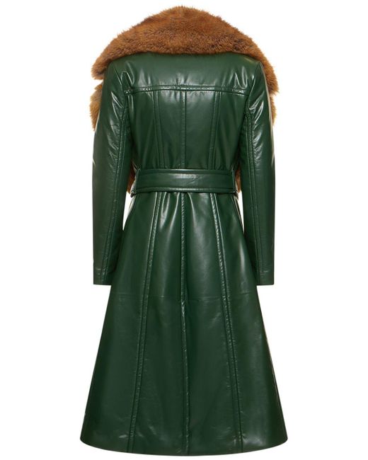 Burberry Green Mantel aus Leder mit Faux Fur