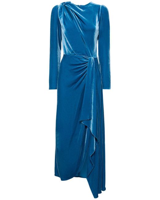 Costarellos Blue Varisa Velvet Draped Long Dress