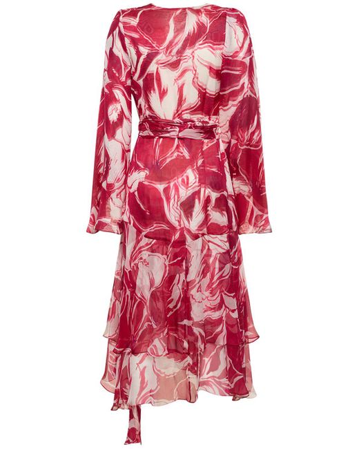 Costarellos Red Juniper Printed Silk Midi Wrap Dress