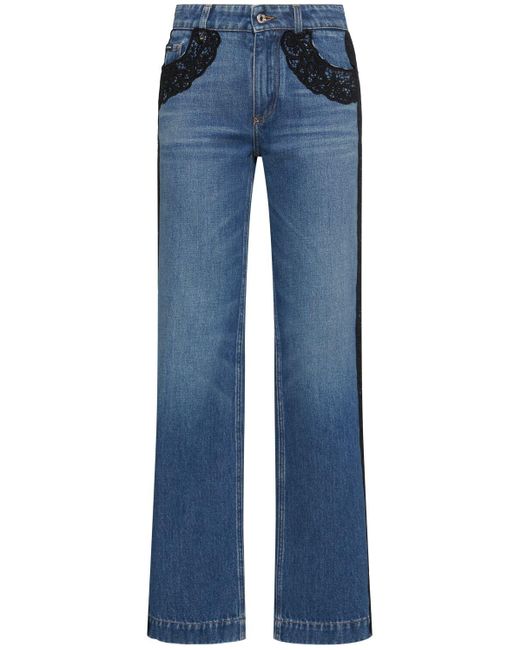 Mujer Jeans De Algodón Con Cintura Alta Y Encaje Dolce & Gabbana de color Blue