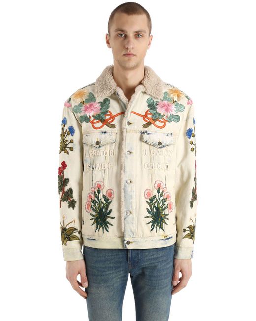 Gucci Blue Embroidered Patch Shearling Denim Jacket for men