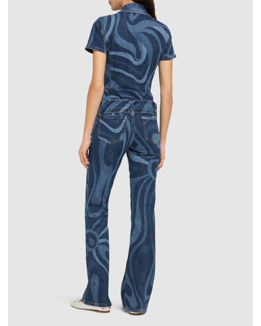 Emilio Pucci Blue Printed Denim Long Jumpsuit