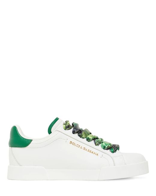 Dolce & Gabbana Green Portofino Sneakers In Nappa Calfskin With Lettering And Printed Silk Laces