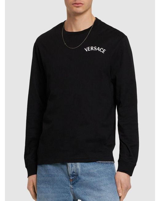 Camiseta de manga larga de algodón con logo Versace de hombre de color Black