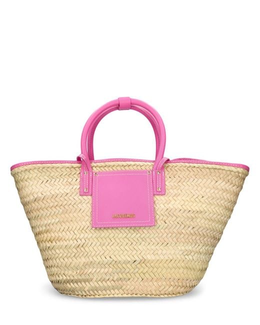 Jacquemus Pink Le Panier Soli Raffia & Leather Tote Bag
