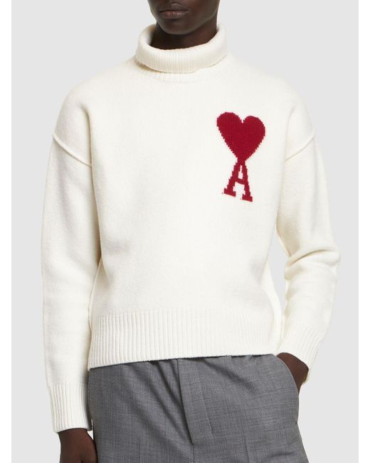 AMI White Wool Funnel Neck Sweater for men