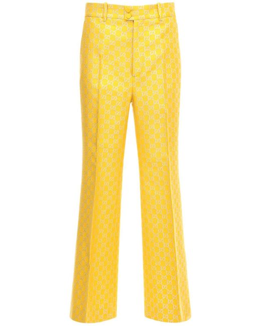 Gucci Yellow Gg Lamé Light Wool Blend Flared Pants