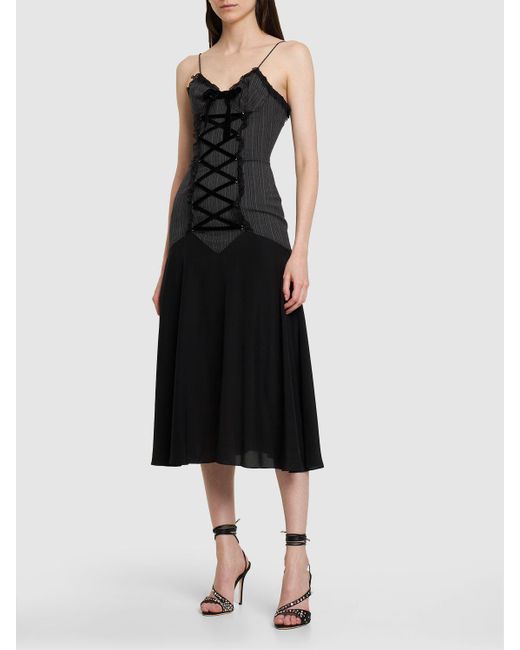 Alessandra Rich Black Pinstripe Wool Lace-up Midi Dress