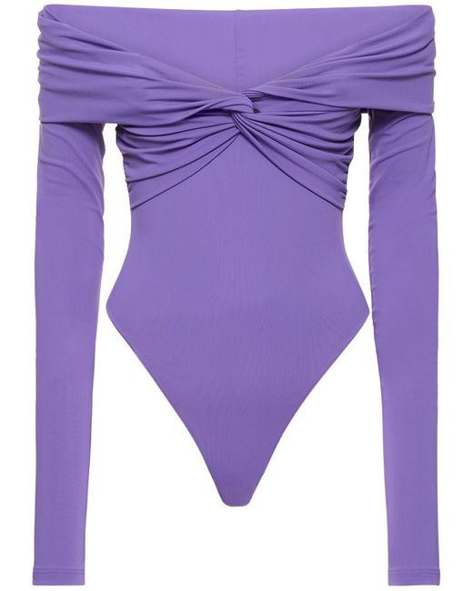 ANDAMANE Purple Kendall Off The Shoulder Lycra Bodysuit