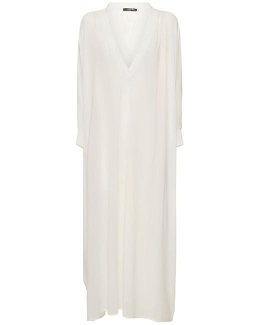 Balmain White Shiny Jersey Long V-neck Kaftan Dress