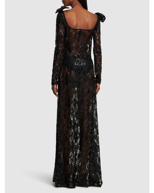 Nina Ricci Black Sequined Lace Cutout Long Dress W/ Bow