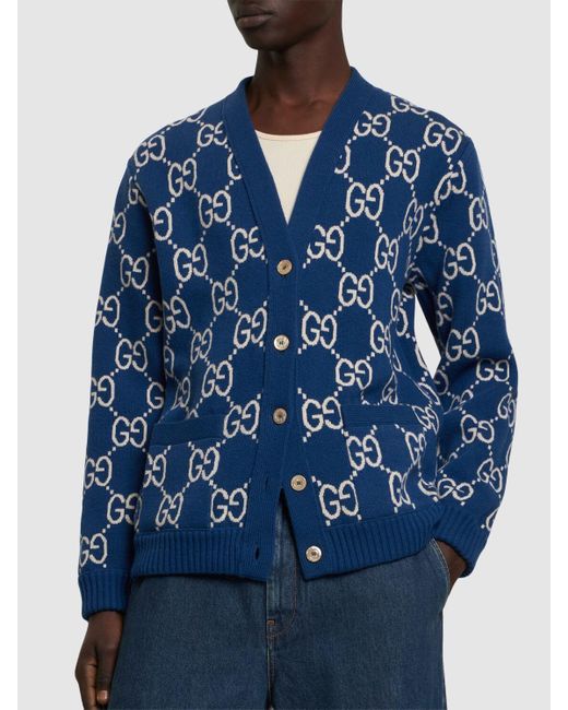 Cardigan en laine à carreaux gg Gucci pour homme en coloris Blue