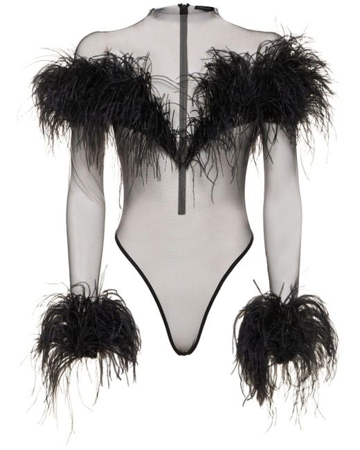 Mugler Black Langärmeliger Body Aus Tüll Und Federn
