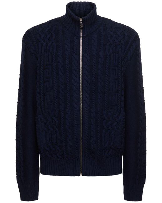Versace Blue Medusa Embroidered Wool Zip Sweater for men